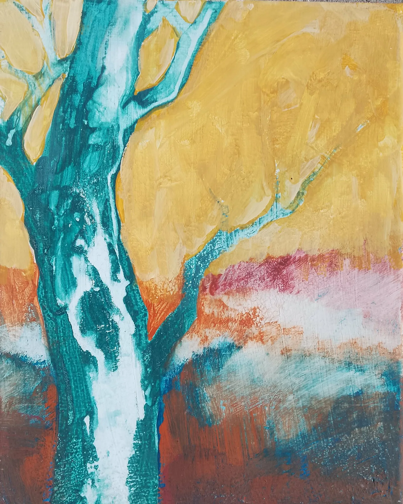 Acrylbild, das einen Baum in herbstlichen Farben darstellt.